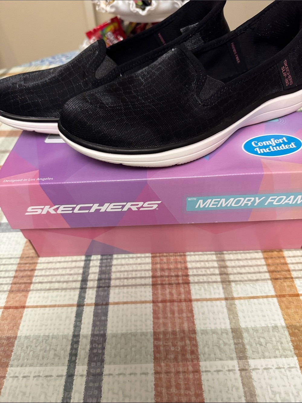 Skechers Black Slip-On Memory Foam Casual Shoes with White Sole